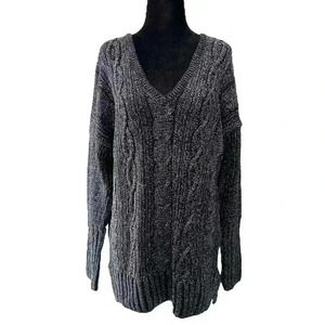 Topshop Oversized Sweater Cable Knit V Neck Tunic Black  Silver Metallic Small 4